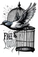 "Free Yourself " bird flying out of a cage tattoo design idea