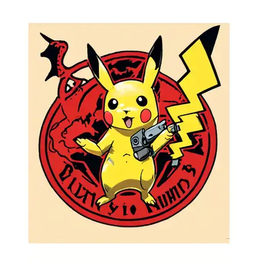 Arm sleeve with a mix of following things: The winchesters anti demon sign, charmender and Pikachu, Vault boy from Fallo tattoo design idea