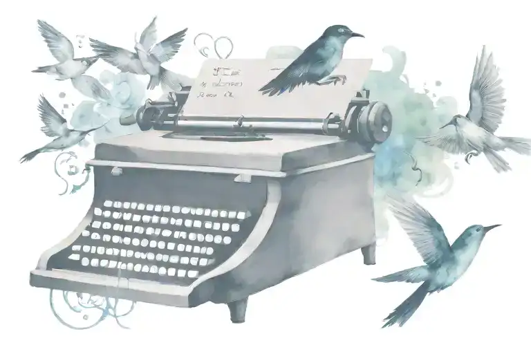 old school type writer in black and white with water colored birds flying away from the type writer tattoo design idea