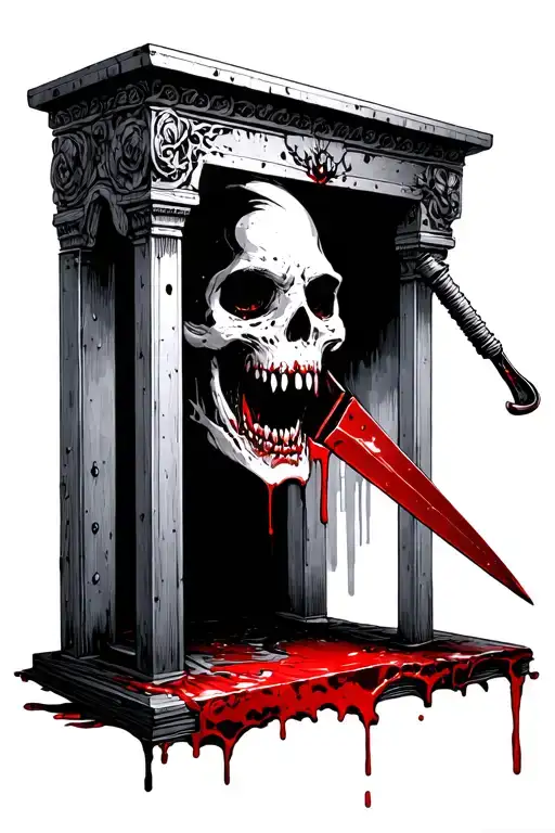 grisly guillotine with bloody blade tattoo design idea
