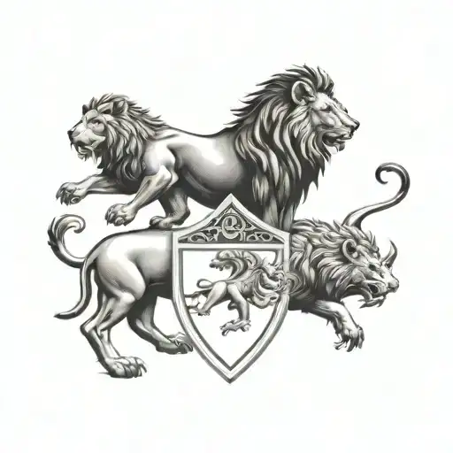 family crest, two lions facing each other and a wild boar on top tattoo design idea