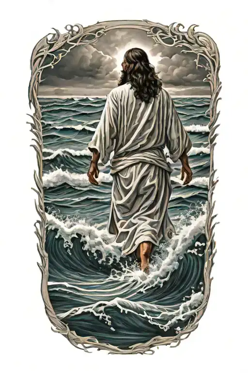Hyper Realistic, Portrait of Jesus Christ walking from the back, on water waves, stormy waters, highly detailed imagery  tattoo design idea