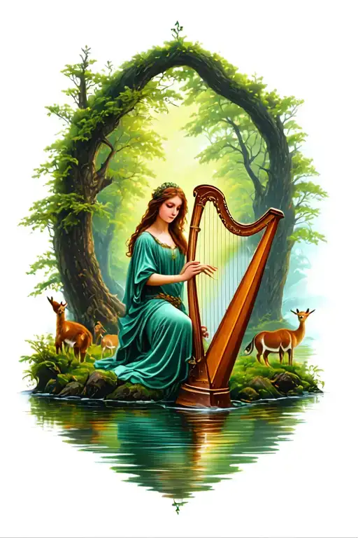 Irish mythology inspired tattoo, lady play the harp by reflecting river, forest, animals in the background tattoo design idea