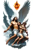 heaven vs hell theme with angels and demons fighting tattoo design idea