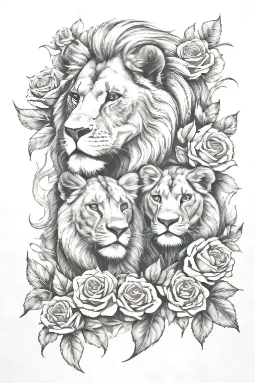 father son lion and cub with roses   tattoo design idea