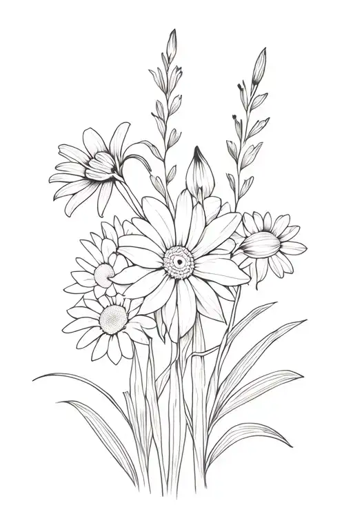 Hyacinth, Gladiolus, Gerbera Daisy, Daffodil, and hydrangreas flowers tattoo design idea