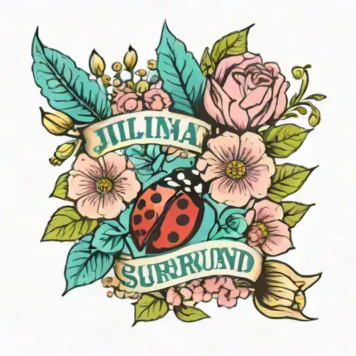 The name Juliana surround by pink and teal flowers and normal ladybugs. tattoo design idea