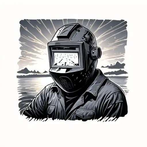 welding mask admiring a sunset tattoo design idea