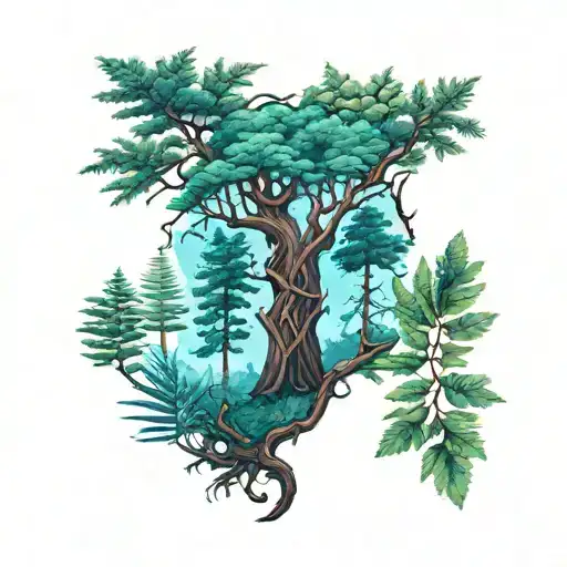 FOREST AND REDWOOD TREE AND  LEAVES  tattoo design idea
