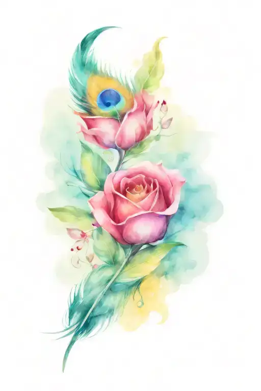 peacock feather with red roses and yellow butterflies  tattoo design idea