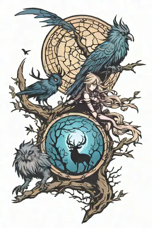 Night elf and moonkin silhouettes under a glowing moon in the Westfall zone tattoo design idea