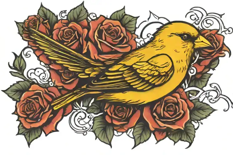 canary flying with roses blooming tattoo design idea