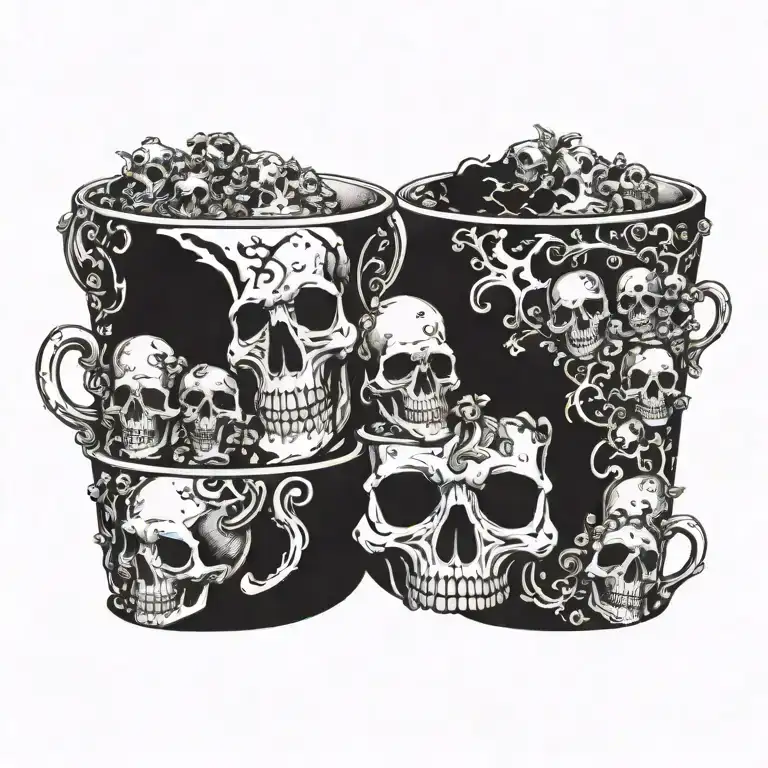 A gothic coffee cup with skulls as the steam, surrounded by bugs crawling up the sides  tattoo design idea