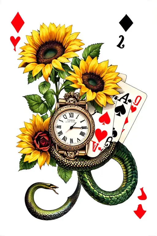 sleeve tattoo with a snake wrapped around the arm, sunflowers, roses made of playing cards, an old fashioned watch tattoo design idea