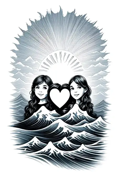 3 kids hearts waves mountains sun tattoo design idea