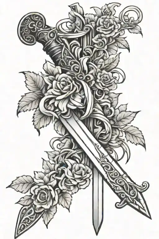sword wrapped with flower vines wrapping tattoo design idea