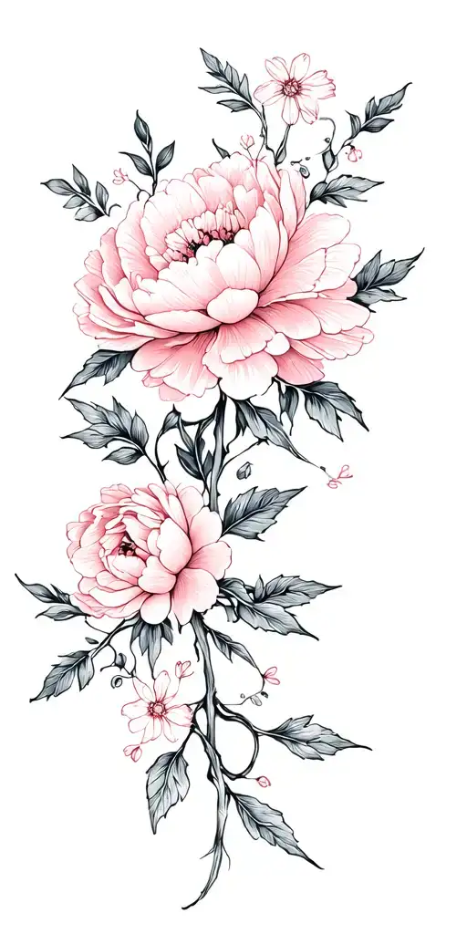 peonies, wildflowers, vines wrapping tattoo design idea