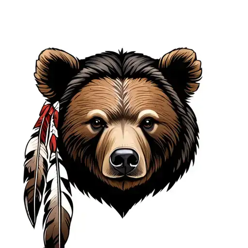 small female native american brown bear face ,sioux and cherokee tribal feathers  tattoo design idea