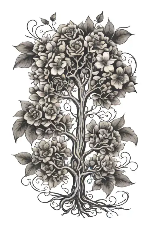 small, minimalist tree of life with intricate May, August, October, November, June birth flowers tattoo design idea