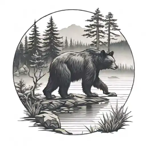 forest lanscapeoverlooking foggy lake, large black bear and loons  tattoo design idea