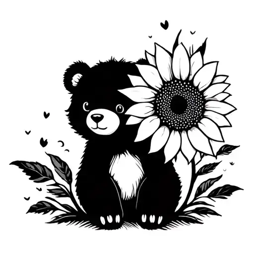 cute bear cub and sunflower tattoo design idea