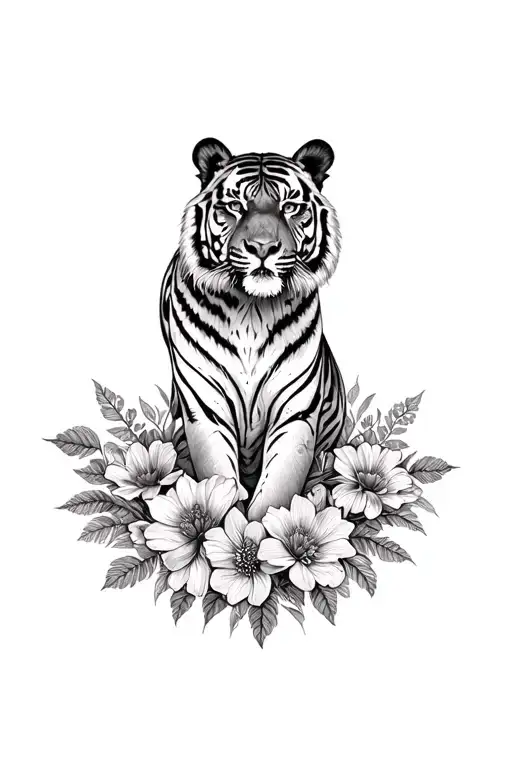 Flora and tiger surrounded tattoo design idea