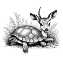Tattoo template. Style of Fineline or Dotwork. The motif is a fawn/bambi and a turtle. poppy tattoo design idea