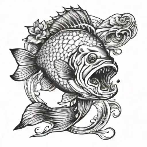 a man bass fishing tattoo design and add flowers coming tattoo design idea