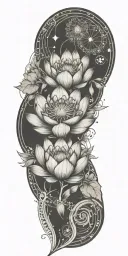 central lotus flower, celestial elements like stars and planets, sacred geometry, and serene landscapes such as mountain tattoo design idea