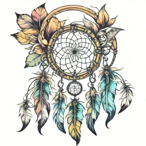 Dream Catcher with hanging feathers tattoo design idea