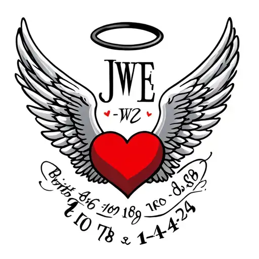 Memorial tattoo for husband. Angel wings with halo and heart. initials JWE. Birthdate 4-10-78, death 6-14-24 tattoo design idea