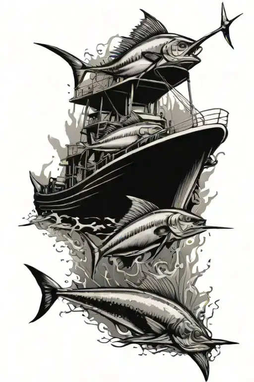 saltwater fishing boat on top of the water with tuna, sailfish, and mahi mahi under the water tattoo design idea
