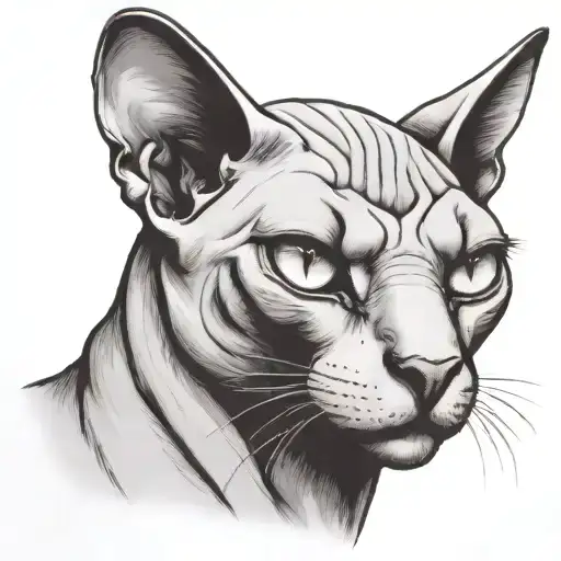 Sphinx cat, grin, fangs visible, multi-eyed, only the full-face head and the inscription meow under it tattoo design idea