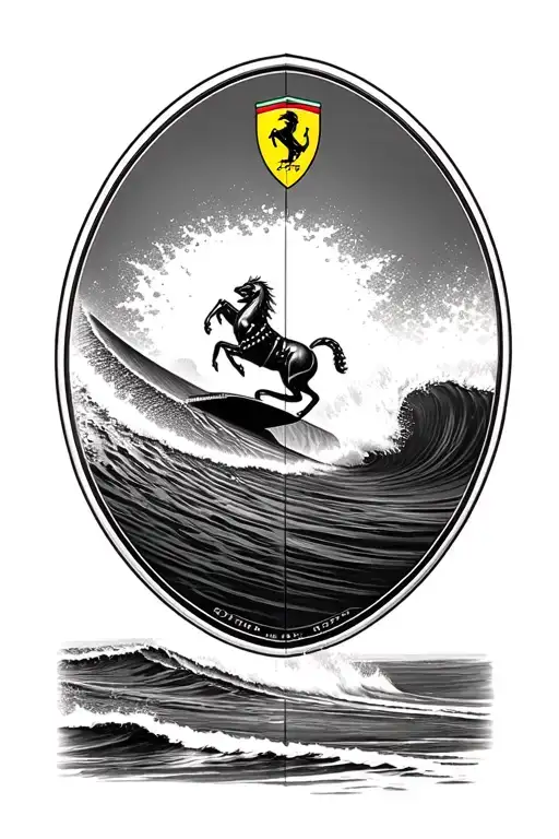 A surfboard with Ferrari branding riding a wave tattoo design idea