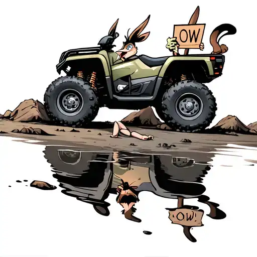 atv tipped over onto a girl laying in a puddle with the wile e coyote holding a sign saying ow  tattoo design idea