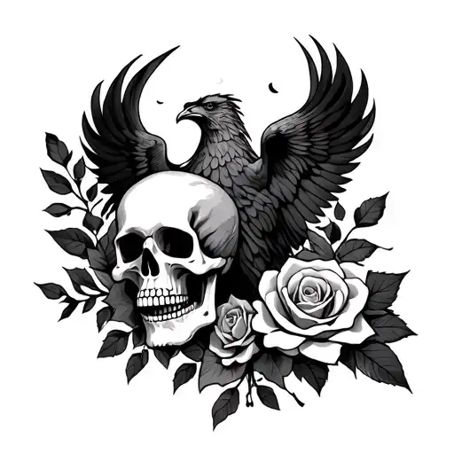 skull and roses and phoenix rising tattoo design idea