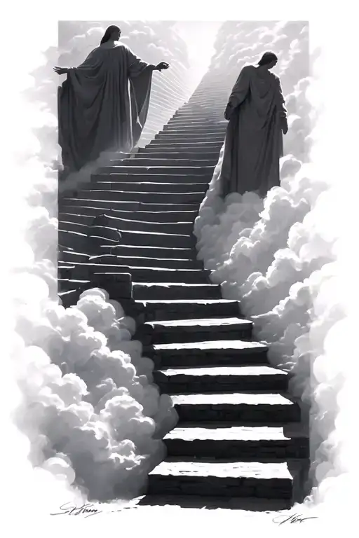 15 stairs leading to heaven holding hands shadows clouds gates sleek  tattoo design idea