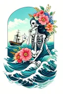 “Waves won’t break me” waves, ship, anchor skeleton woman flowers mom tattoo design idea