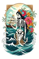 “Waves won’t break me” waves, ship, anchor skeleton woman flowers mom tattoo design idea
