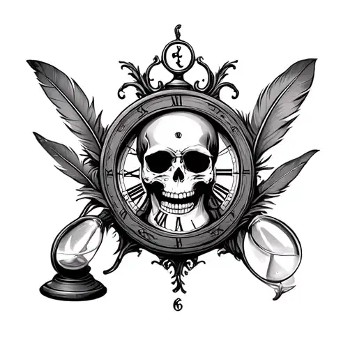hourglass with feather, skull and time piece  tattoo design idea