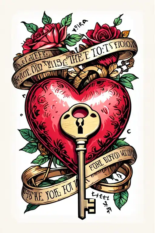 Locked heart with a key with wedding rings surrounded and text MAT tattoo design idea