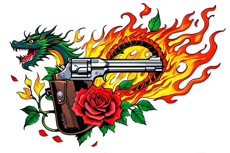 dragon, flames, roses and flaming gun in holster 1 side w roses fading to not burning with roses with petals falling  tattoo design idea