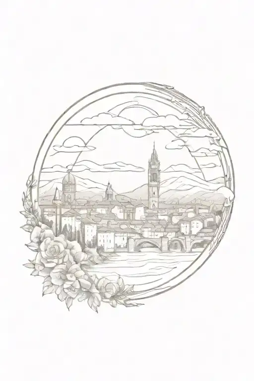 tattoo featuring florence landscape, compass, globe tattoo design idea