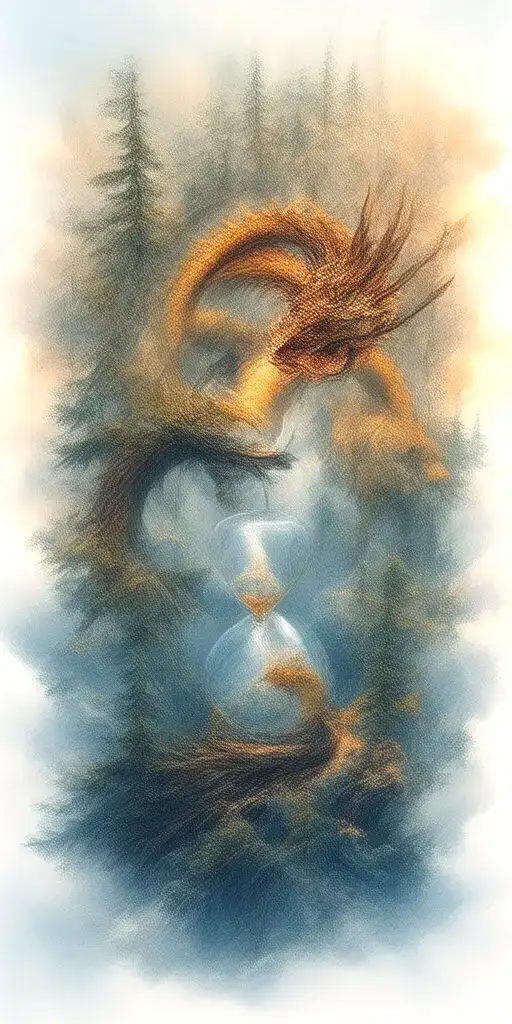 mountains, clouds, dragon, hourglass , pine tree tattoo design idea