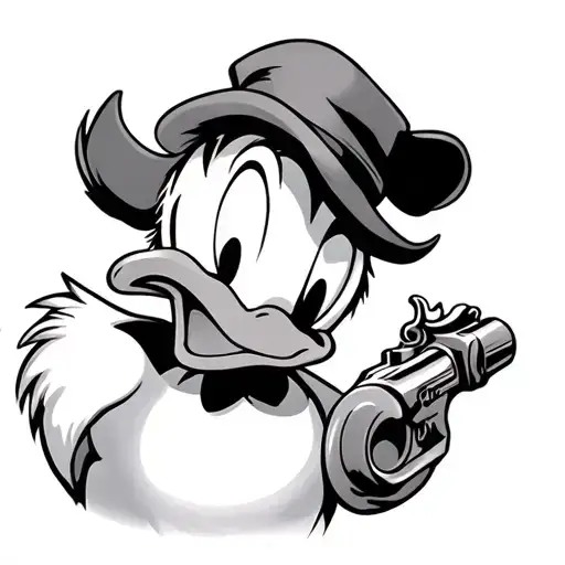 Donald Duck looking down gun barrel tattoo design idea
