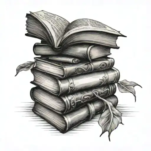 stack of open books surrounded by fantasy themed tattoo tattoo design idea