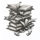 stack of open books surrounded by fantasy themed tattoo tattoo design idea