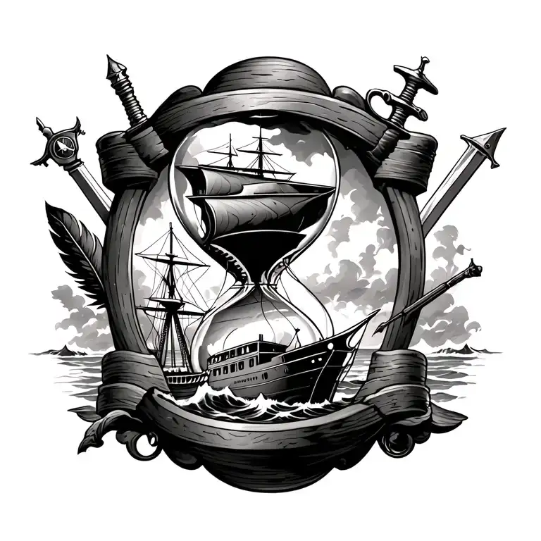 an hourglass with an old battleship on rough seas in the bottom half & a sword, pistol, quill & compass in the top half tattoo design idea