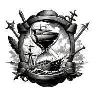 an hourglass with an old battleship on rough seas in the bottom half & a sword, pistol, quill & compass in the top half tattoo design idea