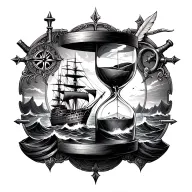 an hourglass with an old battleship on rough seas in the bottom half & a sword, pistol, quill & compass in the top half tattoo design idea